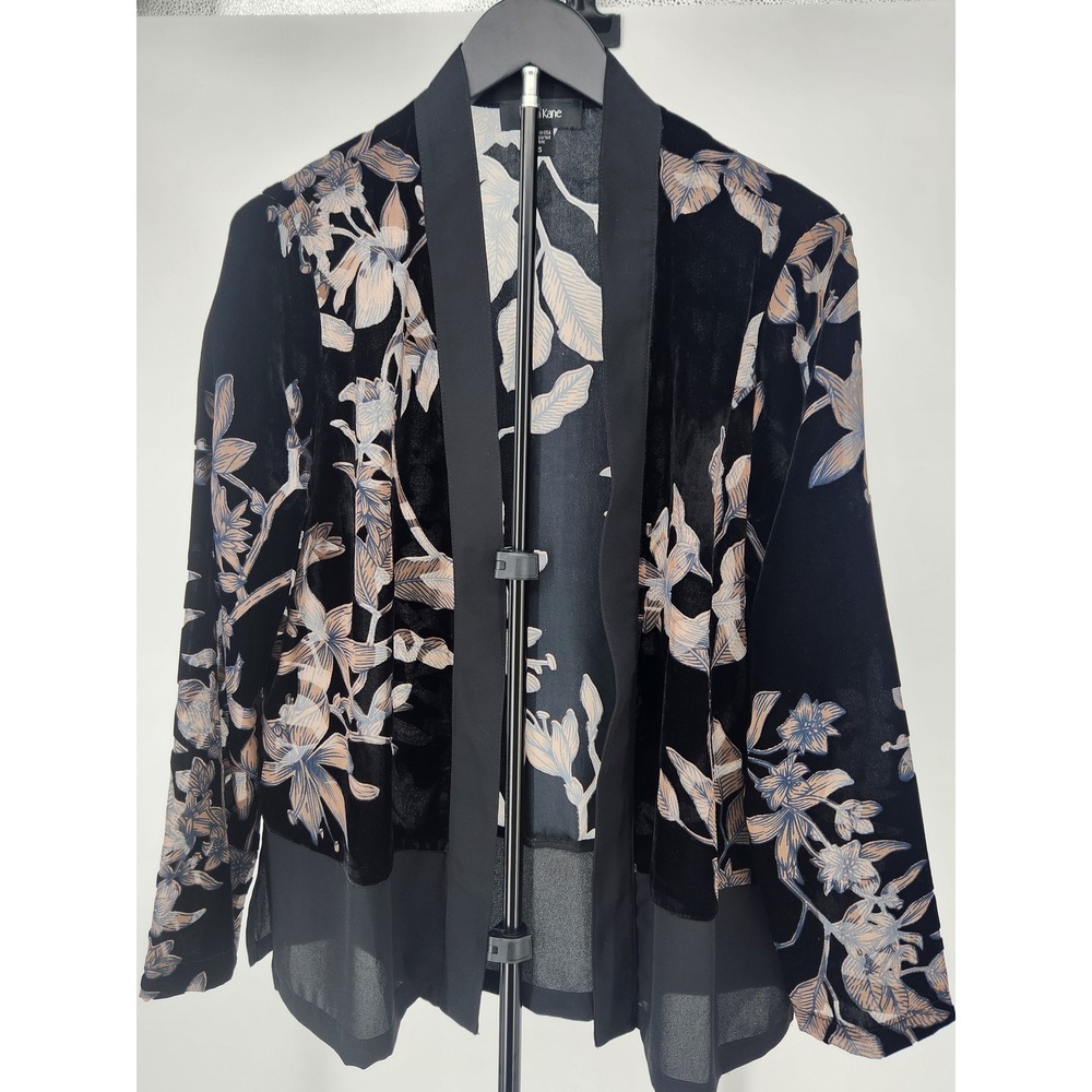 Karen Kane Womens Burnout Velvet Floral Open Front Cardigan Black Tan Small